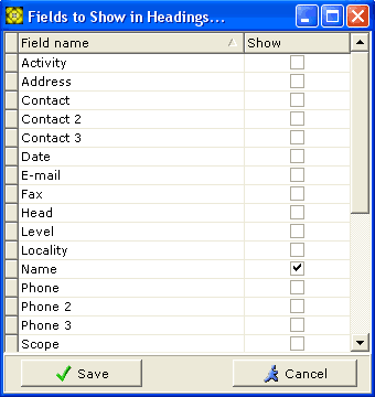 Fields to Show in Headings window