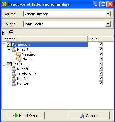 Handover of Tasks and Reminders window screenshot