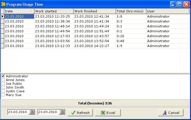 Program Usage Time window screenshot