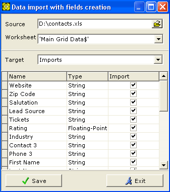 Data Import with Fields Creation window screenshot