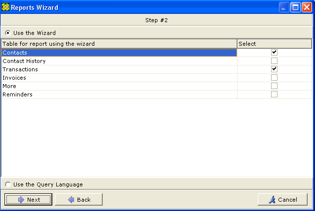 Reports Wizard Step 2 screenshot