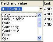 Field or Value dropdown list screenshot